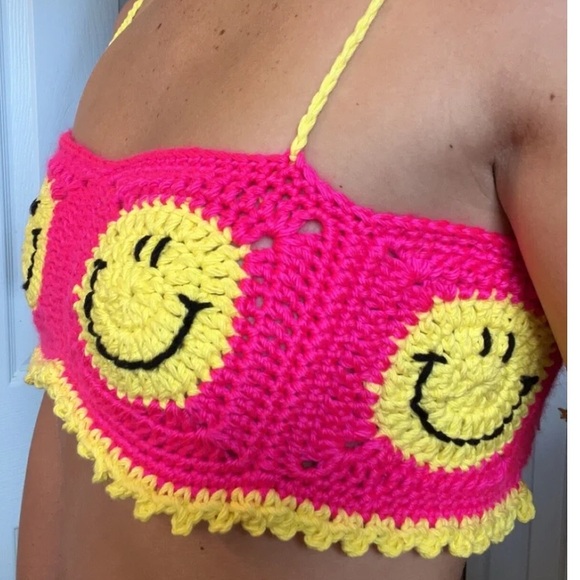 Neon Pink & Yellow Smiley Crochet Top - Picture 3 of 7